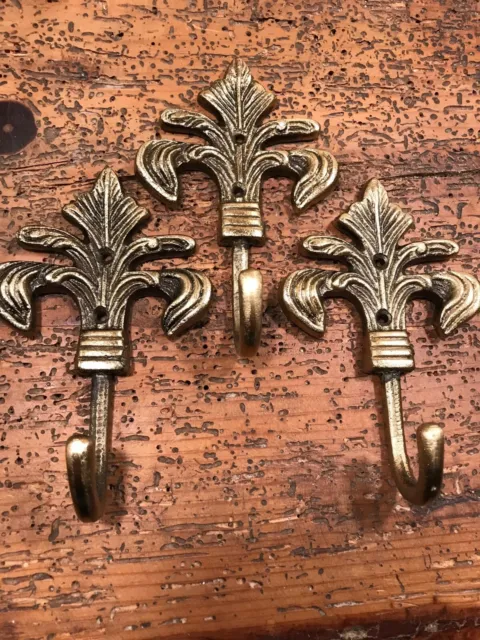 THREE  Fleur de Lis Hooks Cast Iron Victorian Style With FAUX brass finish