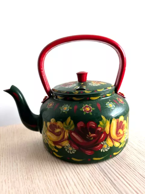 Vintage Green Canal Ware Bargeware Hand Painted Floral Enamel Kettle