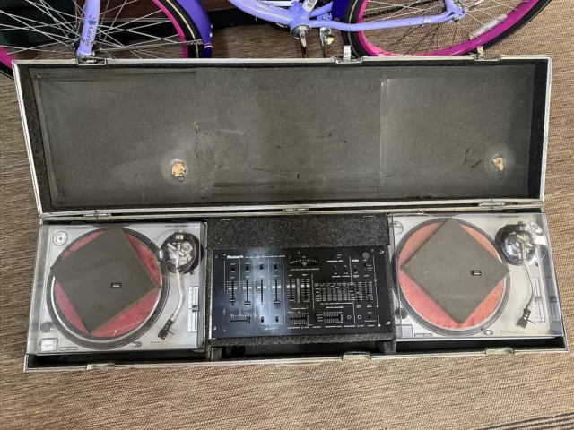 Two Technics SL-1200MK2 turntables and Numark DM1700T Mixing Board In Box