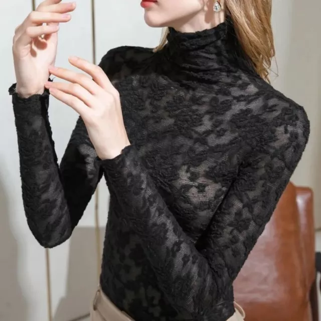 Lady Turtleneck Blouse Floral Lace Tops Hollow Sheer Shirt Pullover Slim Fashion