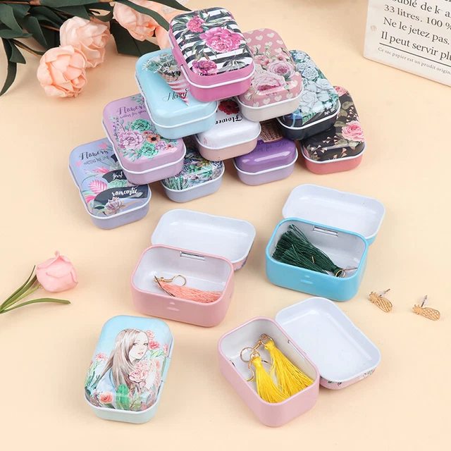 1*Mini Flower Tin Trinket Jewelry Coin Box Tinplate Storage Case Small Recta_jr