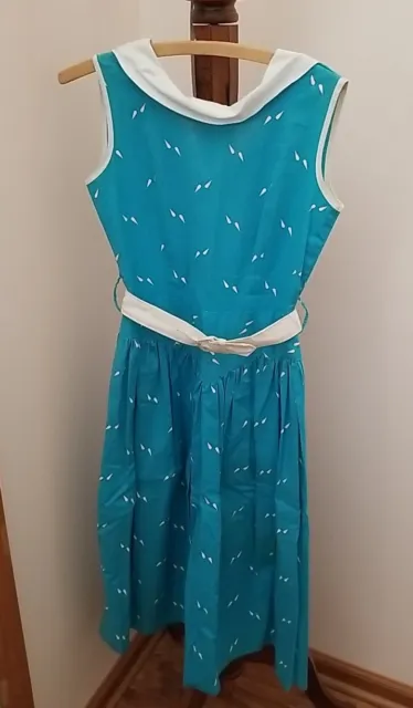 Vintage 1950's 1960's Teal Blue & White Print Cotton Dress Size Small