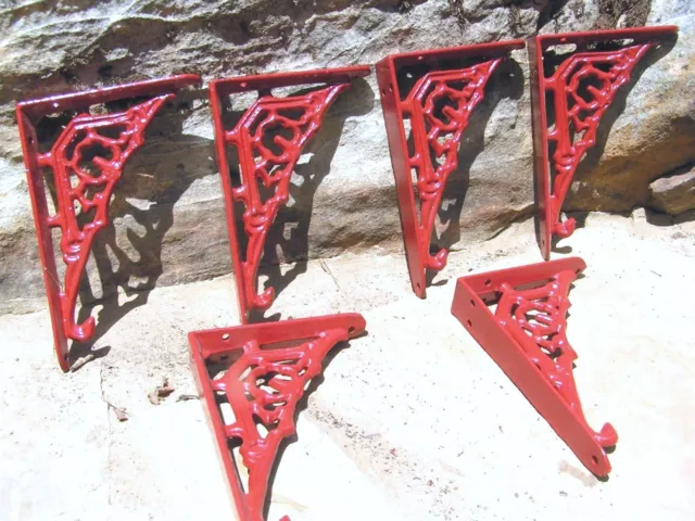 SIX small Cast Iron wall shelf Brackets, Teeny Tiny Braces, RED