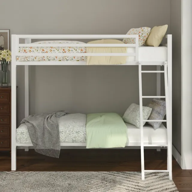 Sifurni Twin Over Twin Size Bunk Bed Frame with Ladder and Guard Rail, White