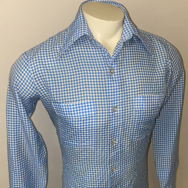 Vtg 60s 70s Shirt JOEL California Blue Gingham Plaid Disco Polyester Mens MEDIUM