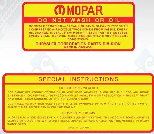 NEW Mopar 1969 1/2 A12 Air Cleaner Decals