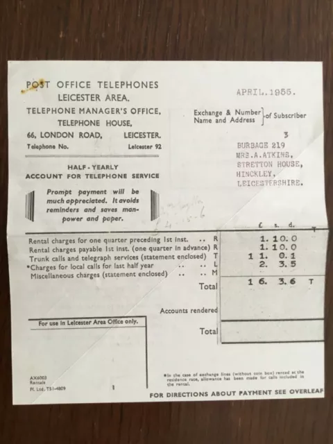 1950’s ICONIC TELEPHONE BILL **((Reproduction))**