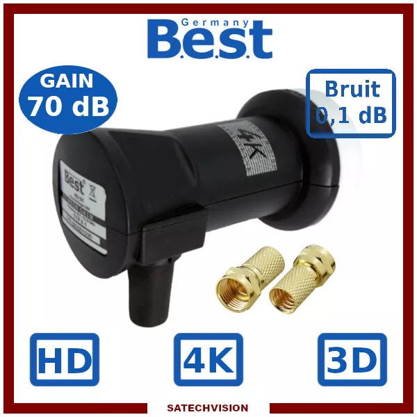 LNB Single Best Germany HG101 0,1 dB Gain 70 dB + 2 Fiches F Or FullHD 3D UHD 4K