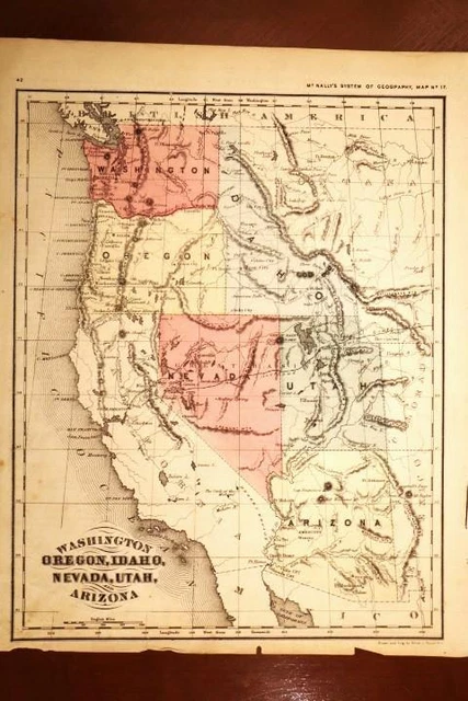 1872 Rare Antique Mcnally Atlas Map-Washington, Oregon, Idaho, Nevadah, Utah