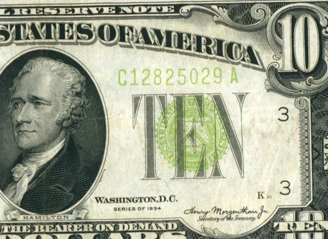 $10 1934 LGS LIME ((LIGHT GREEN SEAL)) Federal Reserve DAILY CURRENCY AUCTIONS