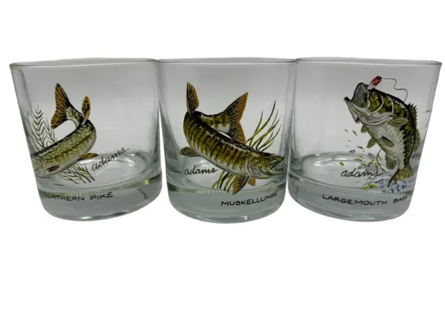 Set of 3 Vtg Adams Hand Painted Game Fish Double Old Fashioned Drink Glasses