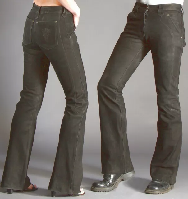 SKORPION RETRO Damen Nubuk Lederhose Hüfthose, Schlag - Lederjeans Motorradhose