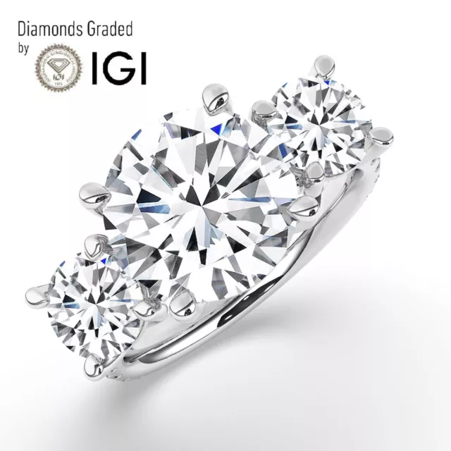 Round Solitaire 18K White Gold Trilogy Ring,7.50 ct, Lab-grown IGI Certified