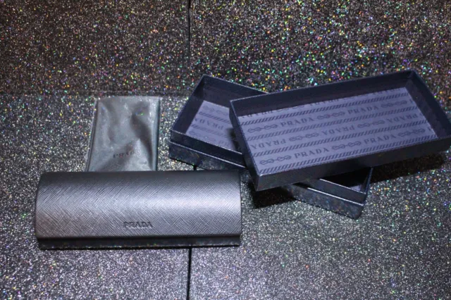 Genuine NEW Black Prada Designer Hard Clamshell Glasses Case with Cloth + Box