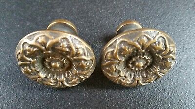 2 Antique Vict. Style Solid Brass ROUND KNOBS Ornate FLORAL 1-1/4" dia. #K25