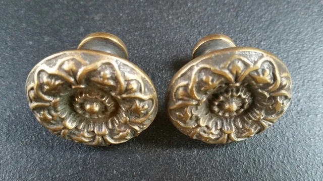 2 Antique Vict. Style Solid Brass ROUND KNOBS Ornate FLORAL 1-1/4" dia. #K25