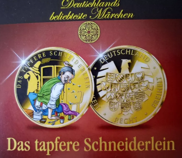 Gebr. Grimm DAS TAPFERE SCHNEIDERLEIN Piedfort Farbmünze 43g Gold Veredelung unc