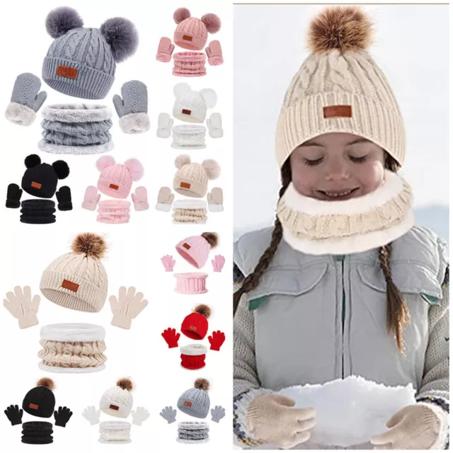 Winter Baby Kinder Junge Mädchen Warme Strickmütze Bommel Beanie Hut Loop Schal