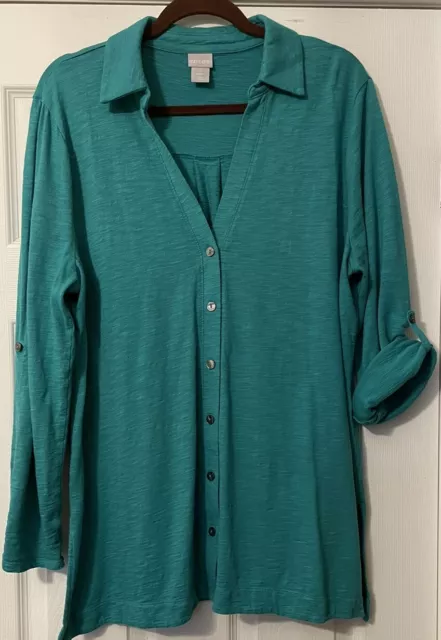 Chicos Size 3-XL Button Up Teal Green Top Shirt Womens Slub Knit Roll Tab Sleeve