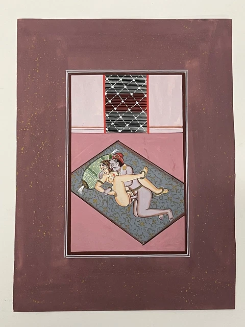 Indien Image Gouache Peinture Vintage Main Peint Érotique