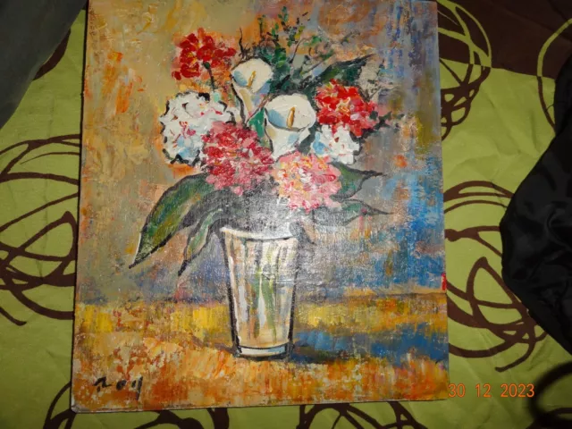 tableau nature morte acrylique panneau sur bois signé pascal denis dit "roy"