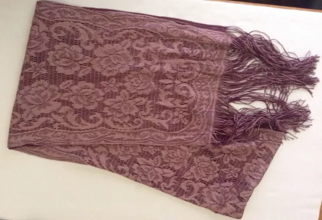 Vtg 80s Lace Long Scarf Fringe Trim Rose Mauve Hippy Boho Prairie Hipster