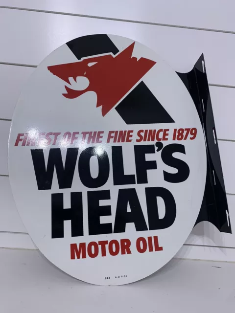 Vintage Wolfs Head Motor Oil Flange Sign Gas Oil Advertising