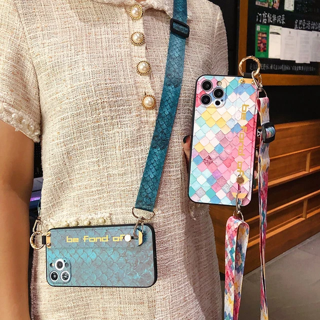 For iPhone Samsung Crossbody Fashion Scale Wrist Strap Stand Holder Phone Case
