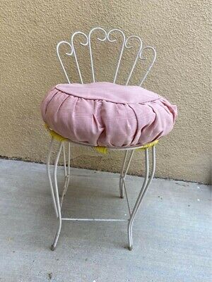 Vintage Midcentury Peacock Fan Back Vanity Stool Chair White with Pink Cushion 3