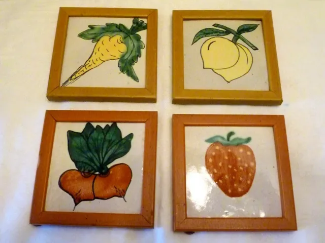 SET 4 Framed WALL TILE PLAQUES Talavera ART POTTERY Parsnip Beets FRUIT Mexico