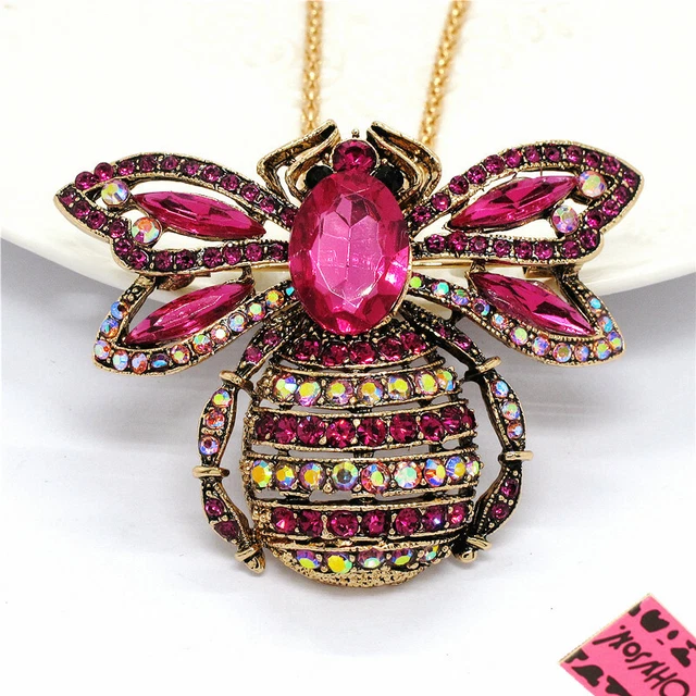 New Betsey Johnson Bling Rose Rhinestone Honey Bee Crystal Pendant Necklace