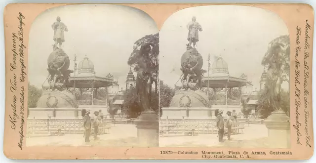 Stereo, Guatemala city, Plaza de Armas, Columbus monument, circa 1900 Vintage st