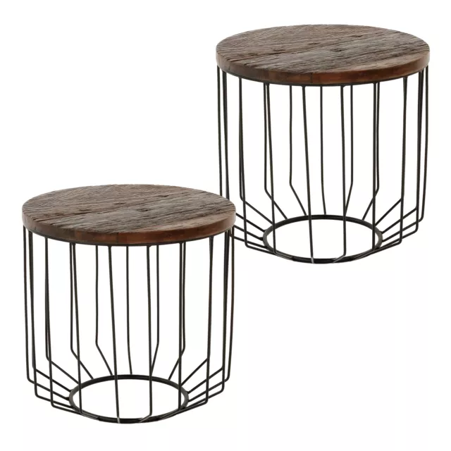 2x Table d'appoint bois massif ancien avec cadre métallique Ø 50 cm WOMO-DESIGN®