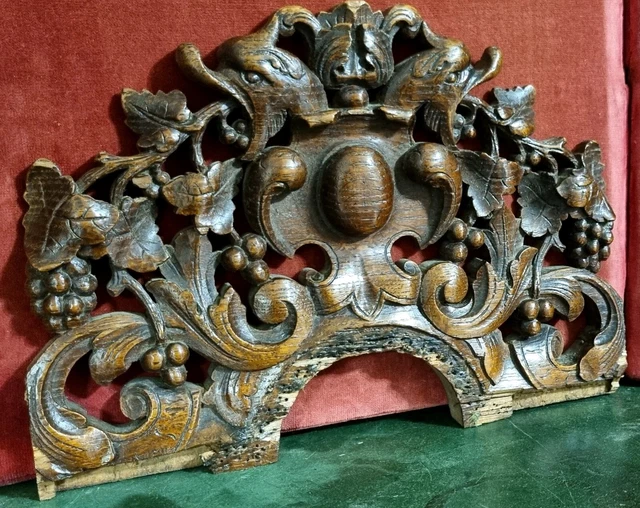 Scroll griffin wood carving pediment - Antique french architectural salvage 12".
