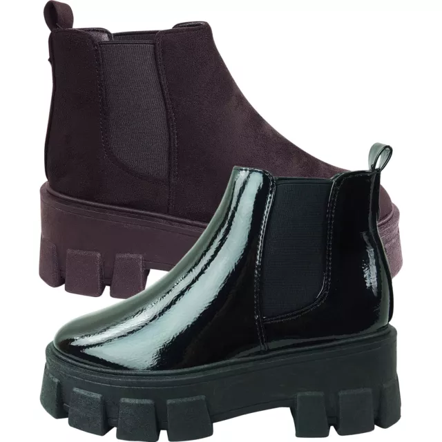 Ladies Femmes Chelsea Motard Semelle Compensée Épais Bottines Chaussures Taille