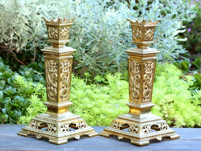 FINE LARGE PAIR GILT BRASS/BRONZE 19thC FRENCH REGENCY ADAMS CANDLESTICKS c.1820