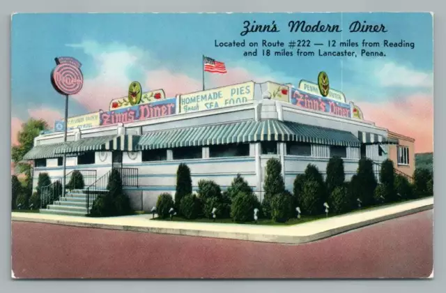 Zinn's Modern Diner LANCASTER Pennsylvania ~ Vintage Art Deco Postcard ~1950s