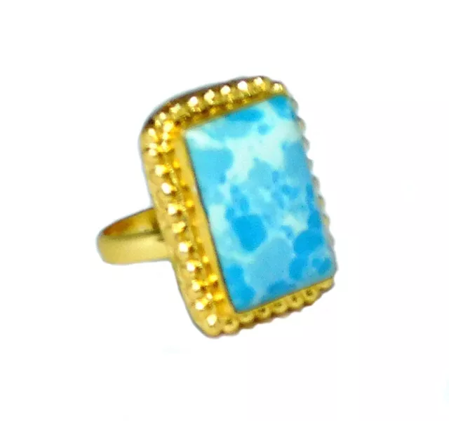 Larimar Rings Gold Plated Handmade Glitter Ring Size-4.5 Rare Gemstone Jewelry