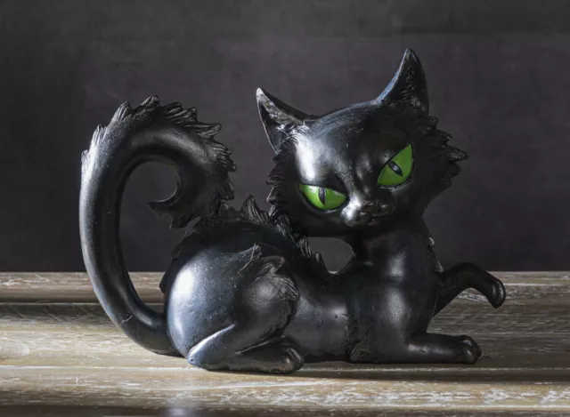 Wicca Witchcraft Mystical Curling Black Cat With Green Eyes Halloween Figurine