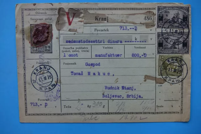 Schöne alte  Zahlungsanweisung 1923 Serbien nach Kranj Mehrfachfrankatur