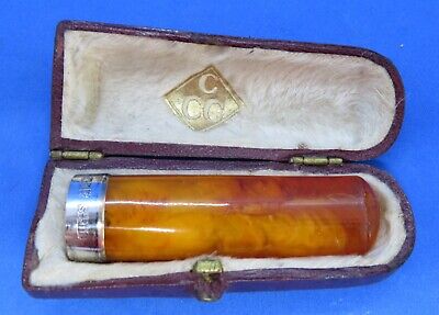 Hallmarked silver & amber vintage Art Deco antique boxed cheroot holder