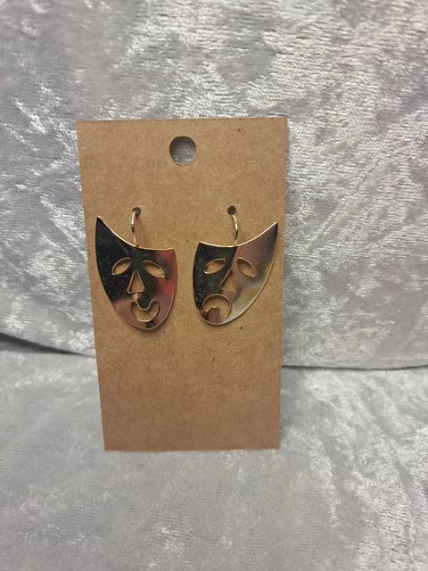 Vintage 80s gold tone metal pierced earrings drama comedy tragedy face