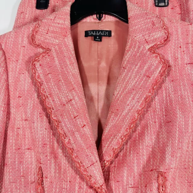 Tahari Tweed Lace Skirt Blazer Suit Set 2PC Pink Salmon Flower Buttons Size 8 3