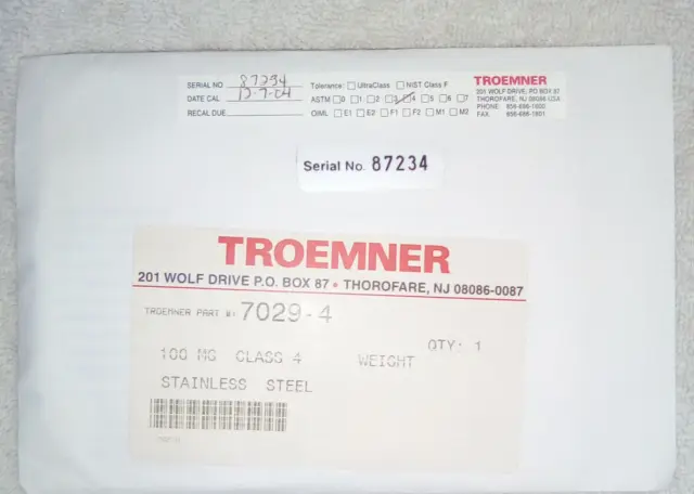 Troemner Calibration Weight 100mg SS class 4 Part# 7029-4