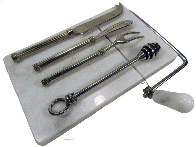 Cheese Board Wire Cutter & 4 Stainless Steel & White Marble Utensils