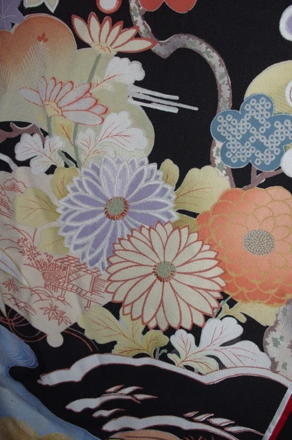Classic! Antique Vintage Japanese Kimono Kuro furisode hikizuri Taisho Showa 6