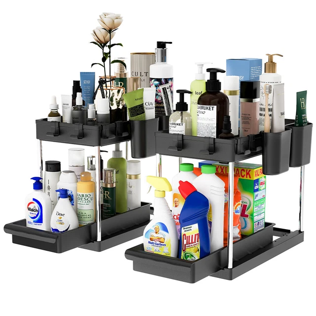 2 confezioni di organizer estraibile sottolavello a 2 ripiani, multiuso per bagno e cucina, con gancio e tazza appesa, organizer per mobiletto scorrevole nero opaco | SHEIN ALIA