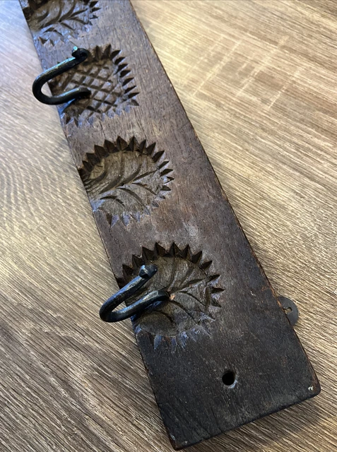Antique Butchers Rack Vintage Deep Carved Wood Forged Iron Hook Reclaimed Rustic