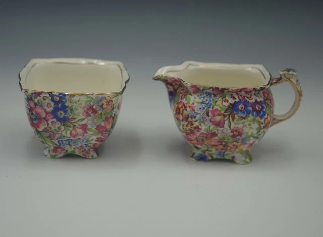 ROYAL WINTON GRIMWADES SUNSHINE  CHINTZ 1930's CREAMER AND SUGAR BOWL
