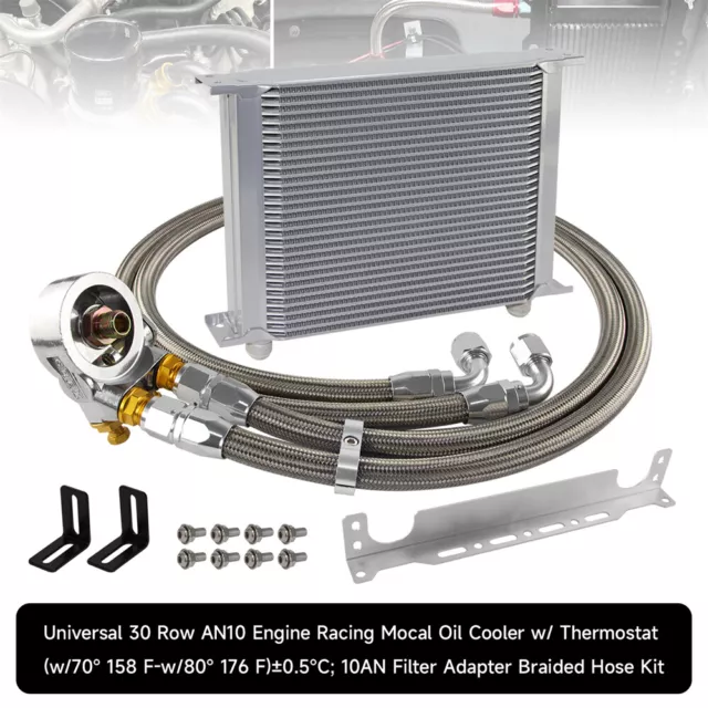 30 Row Engine Oil Cooler w/ 80 Deg Thermostat Plate + AN10 Oil Lines Kit Silver